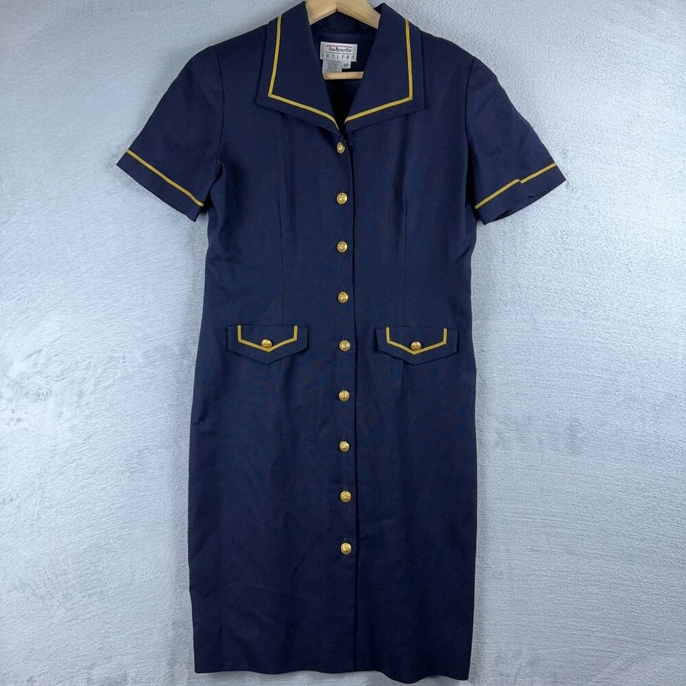 Talbots Vintage Tailored Dress Front Button Cap Sleeves Womens Navy Size 8P
